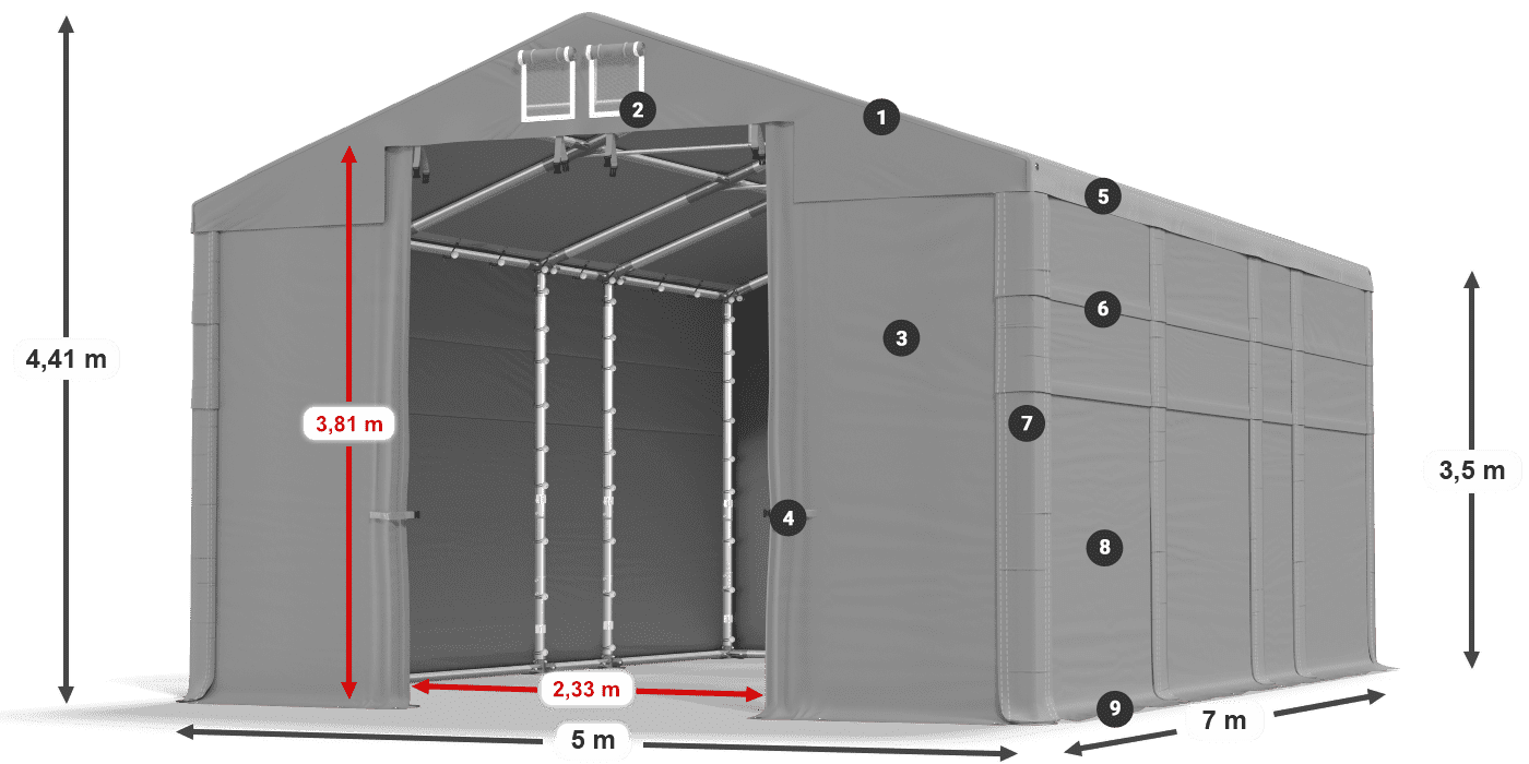 Dach: MS 580 PVC Wände: FR 620 PVC 2,5 m Legende