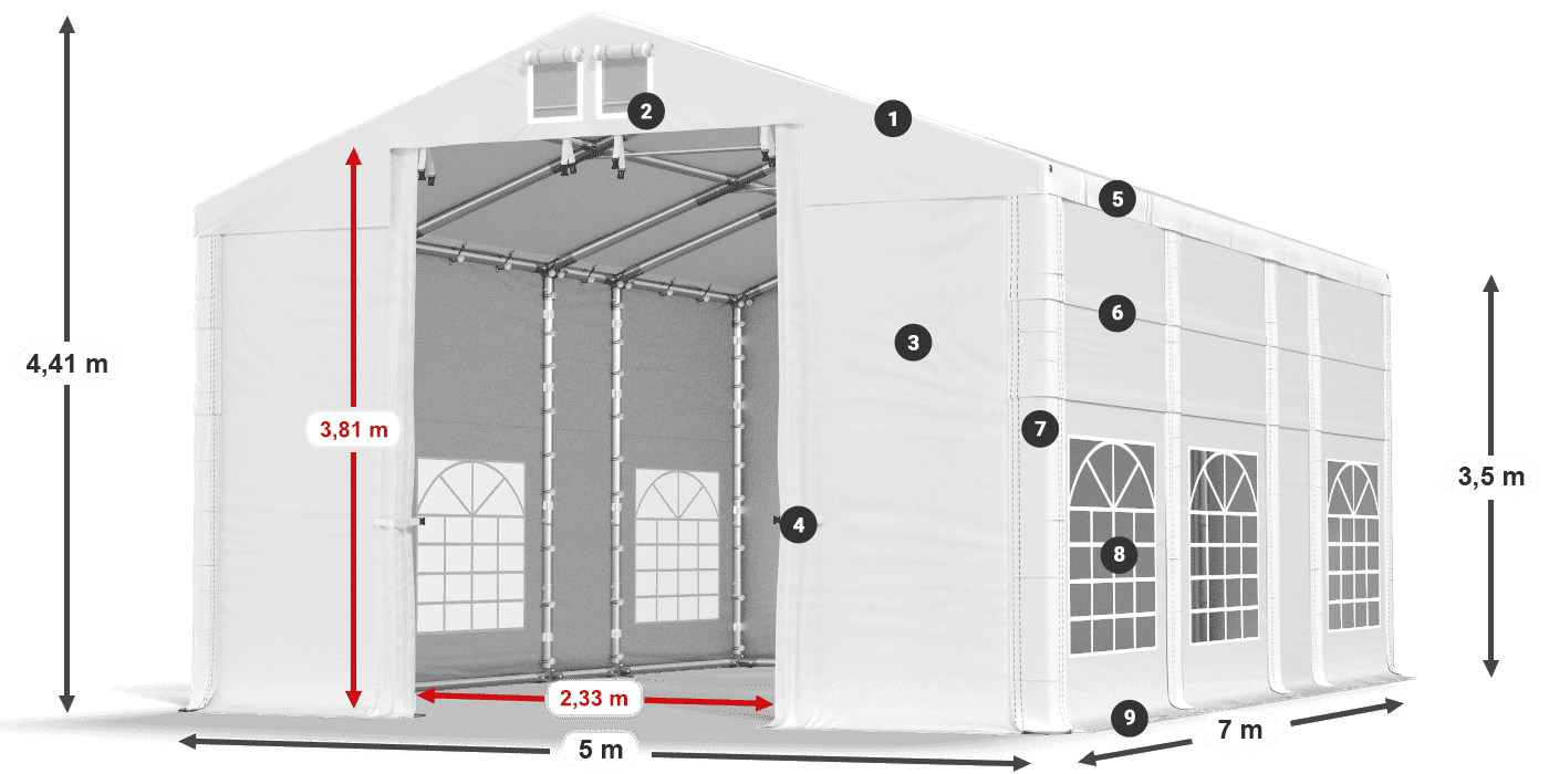 Dach: MS 580 PVC Wände: FR 620 PVC 3,5 m Legende