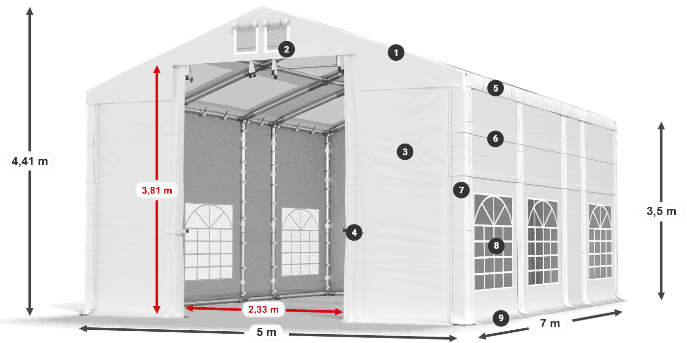 Dach: MS T 580 PVC Wände: FR 620 PVC 2,5 m Legende