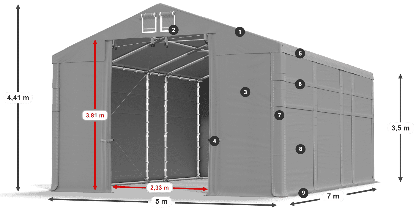 Dach: MS 580 PVC Wände: FR 620 PVC 2,5 m Legende