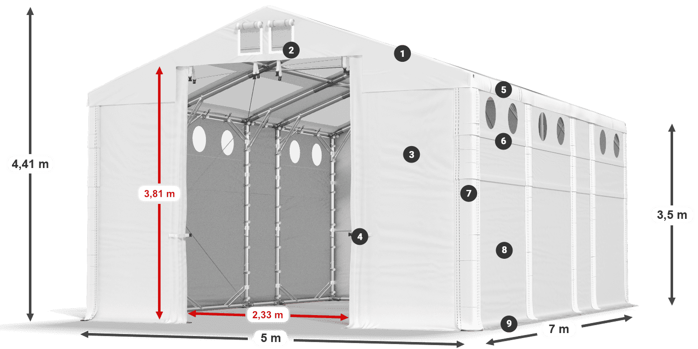 Dach: MS T 580 PVC Wände: MS O 580 PVC 3,5 m Legende