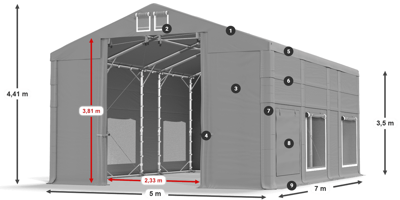 Dach: MS 580 PVC Wände: SD M 500 PVC 3,5 m Legende