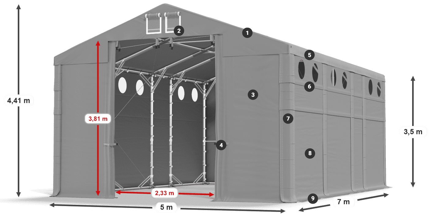 Dach: MS 580 PVC Wände: SD O 500 PVC 3,5 m Legende
