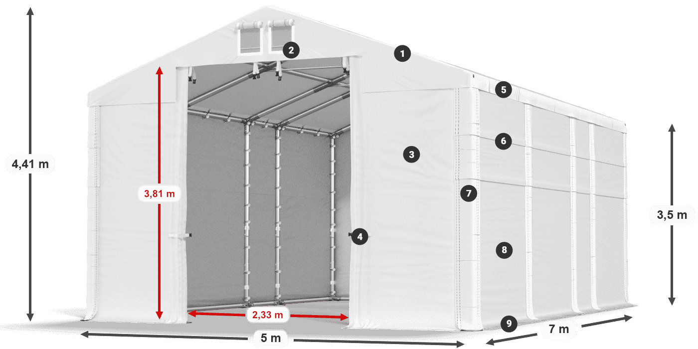 Dach: MS 580 PVC Wände: SD 500 PVC 3,5 m Legende