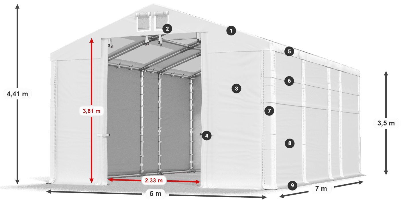 Dach: MS T 580 PVC Wände: SD 500 PVC 3,5 m Legende