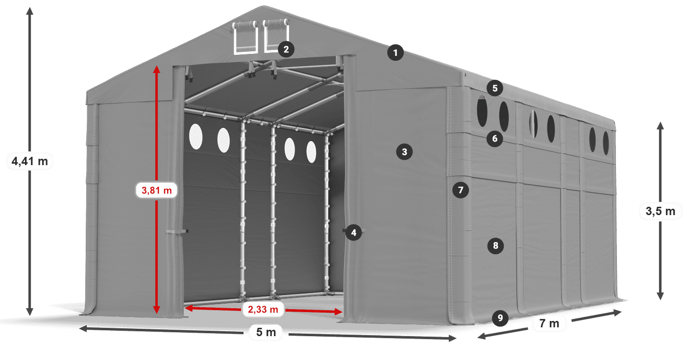 Dach: MS 580 PVC Wände: SD O 500 PVC 3,5 m Legende