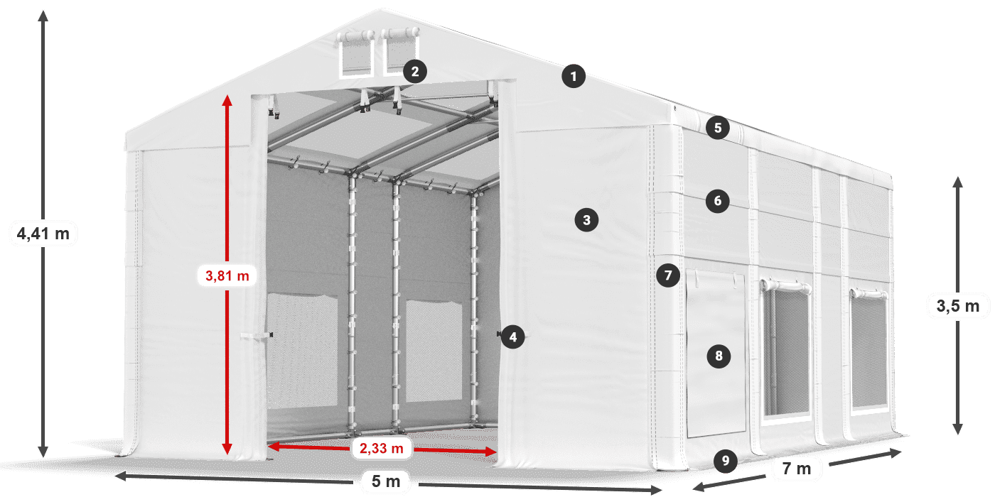 Dach: MS T 580 PVC Wände: SD M 500 PVC 2,5 m Legende