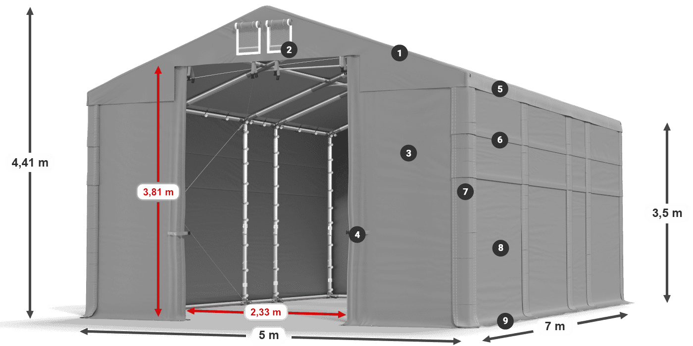 Dach: MS 580 PVC Wände: SD 500 PVC 3,5 m Legende