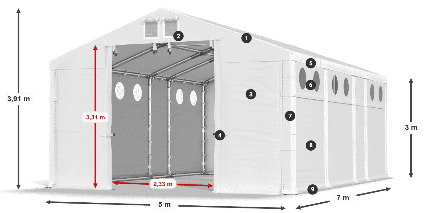 Dach: MS 580 PVC Wände: FR O 620 PVC 3m Legende