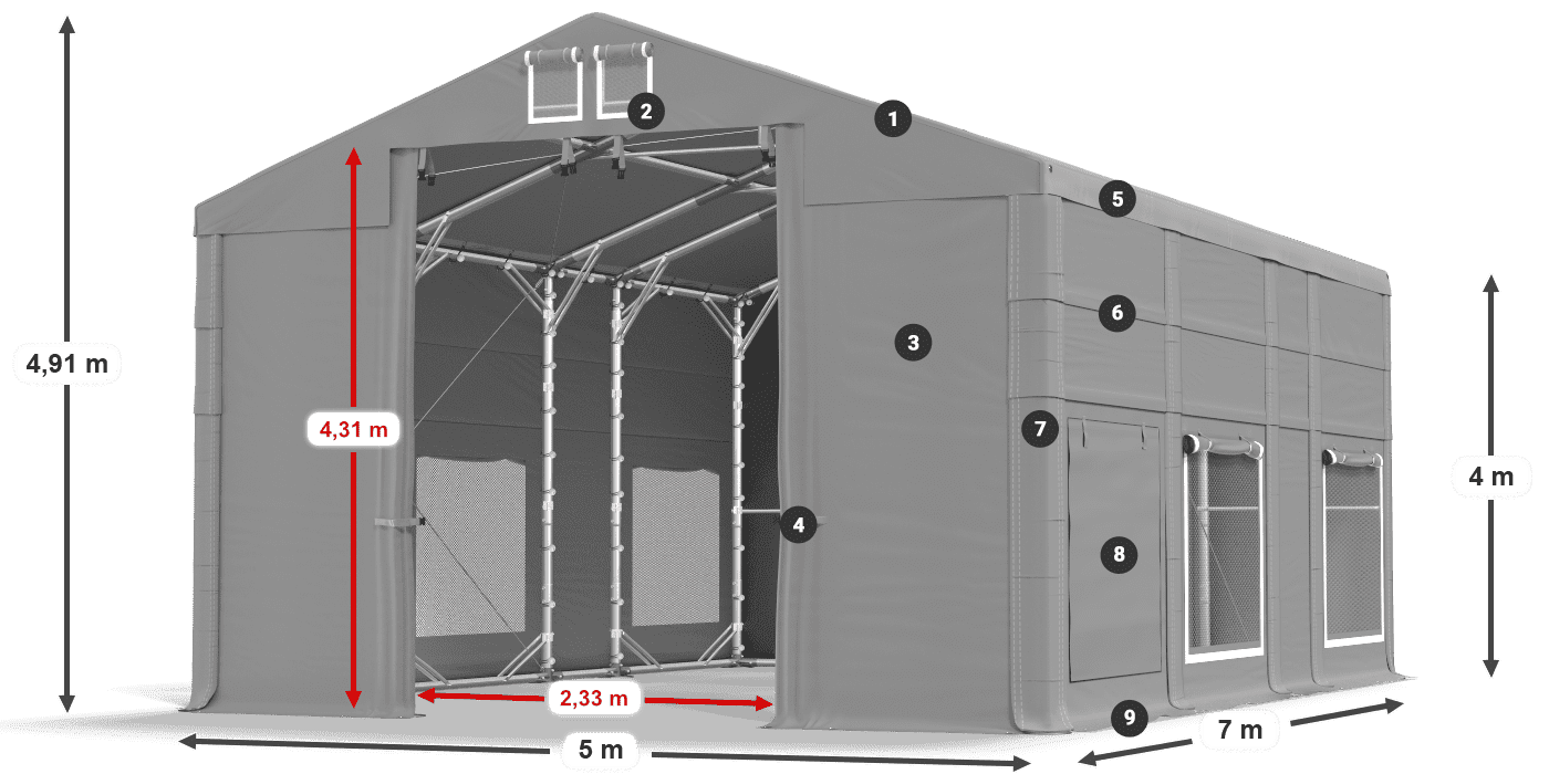 Dach: FR 620 PVC Wände: SD 500 PVC 4m Legende