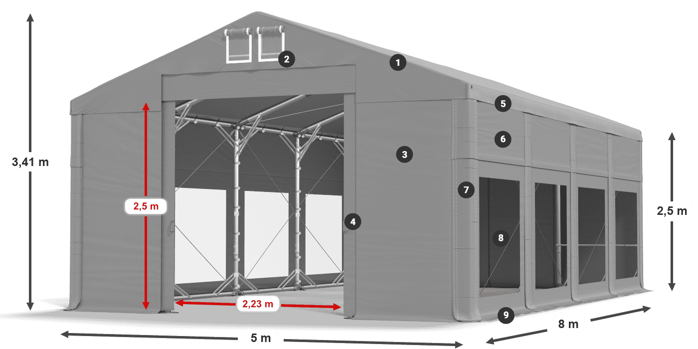 Dach: FR 620 PVC Wände: MS 580 PVC 2,5 m Legende