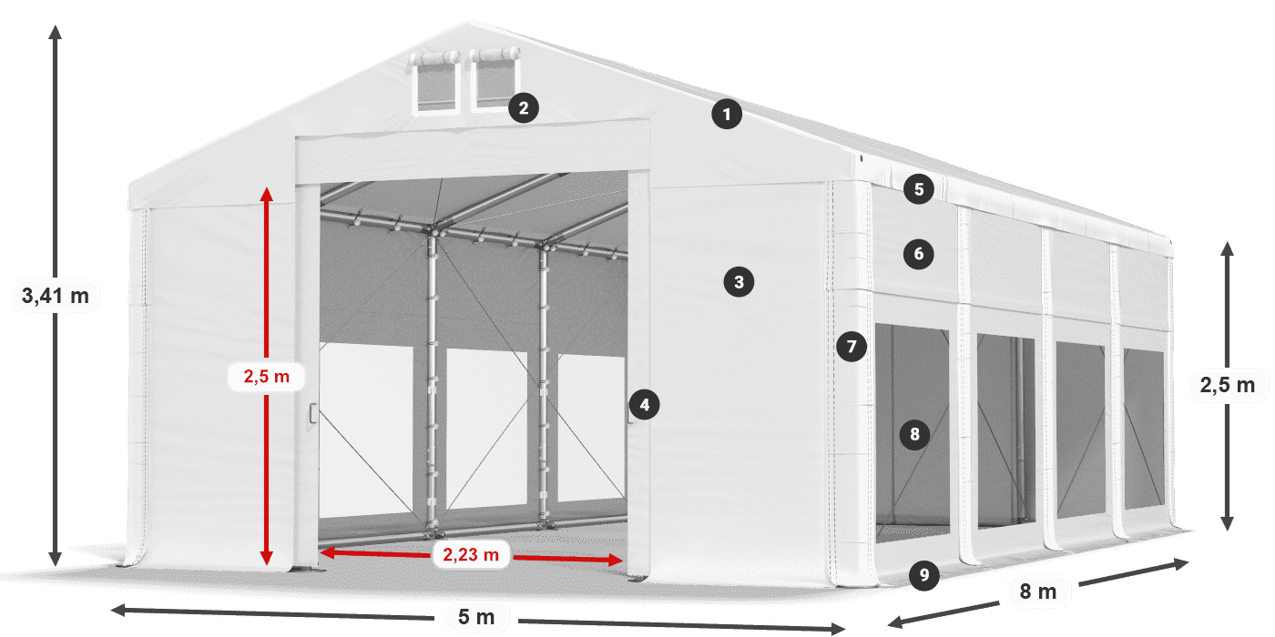 Dach: FR 620 PVC Wände: MS 580 PVC 2,5 m Legende