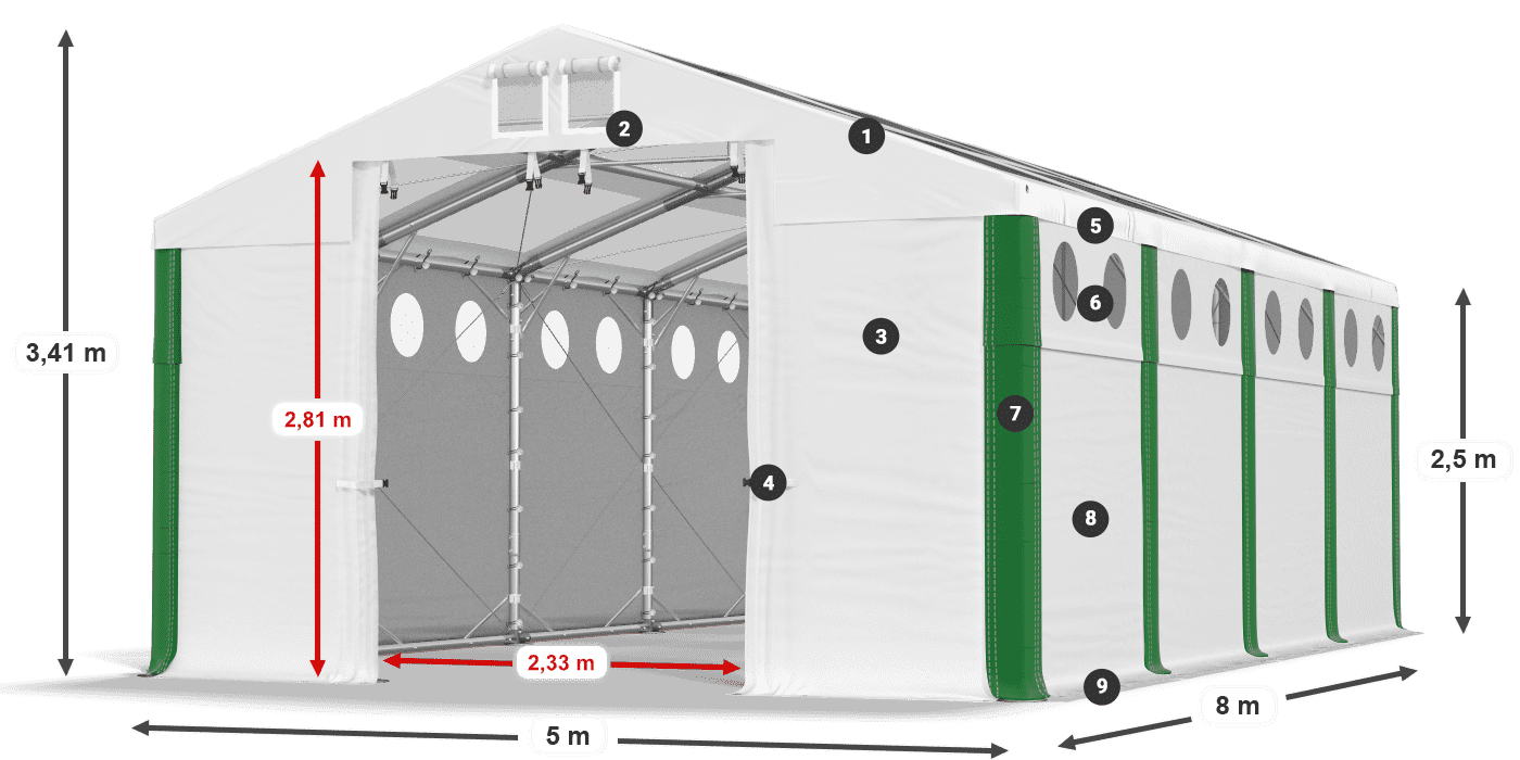 Dach: MS T 580 PVC Wände: FR O 620 PVC 2,5 m Legende