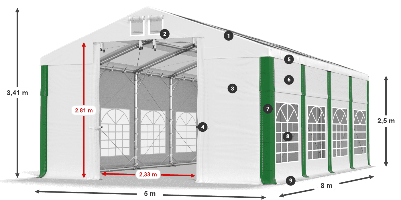 Dach: MS T 580 PVC Wände: FR 620 PVC 2,5 m Legende