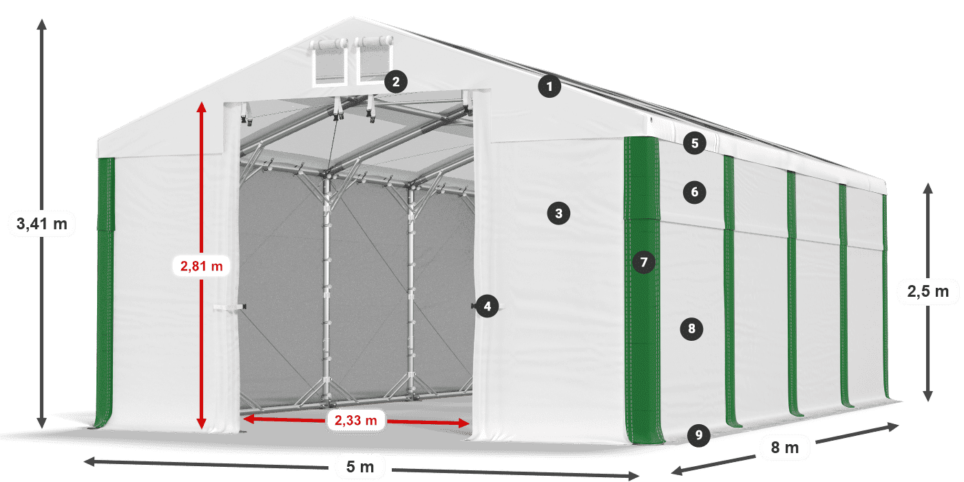 Dach: MS T 580 PVC Wände: FR 620 PVC 2,5 m Legende