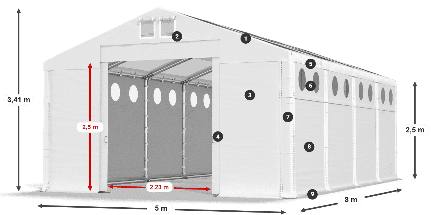 Dach: MS T 580 PVC Wände: FR O 620 PVC 2,5 m Legende