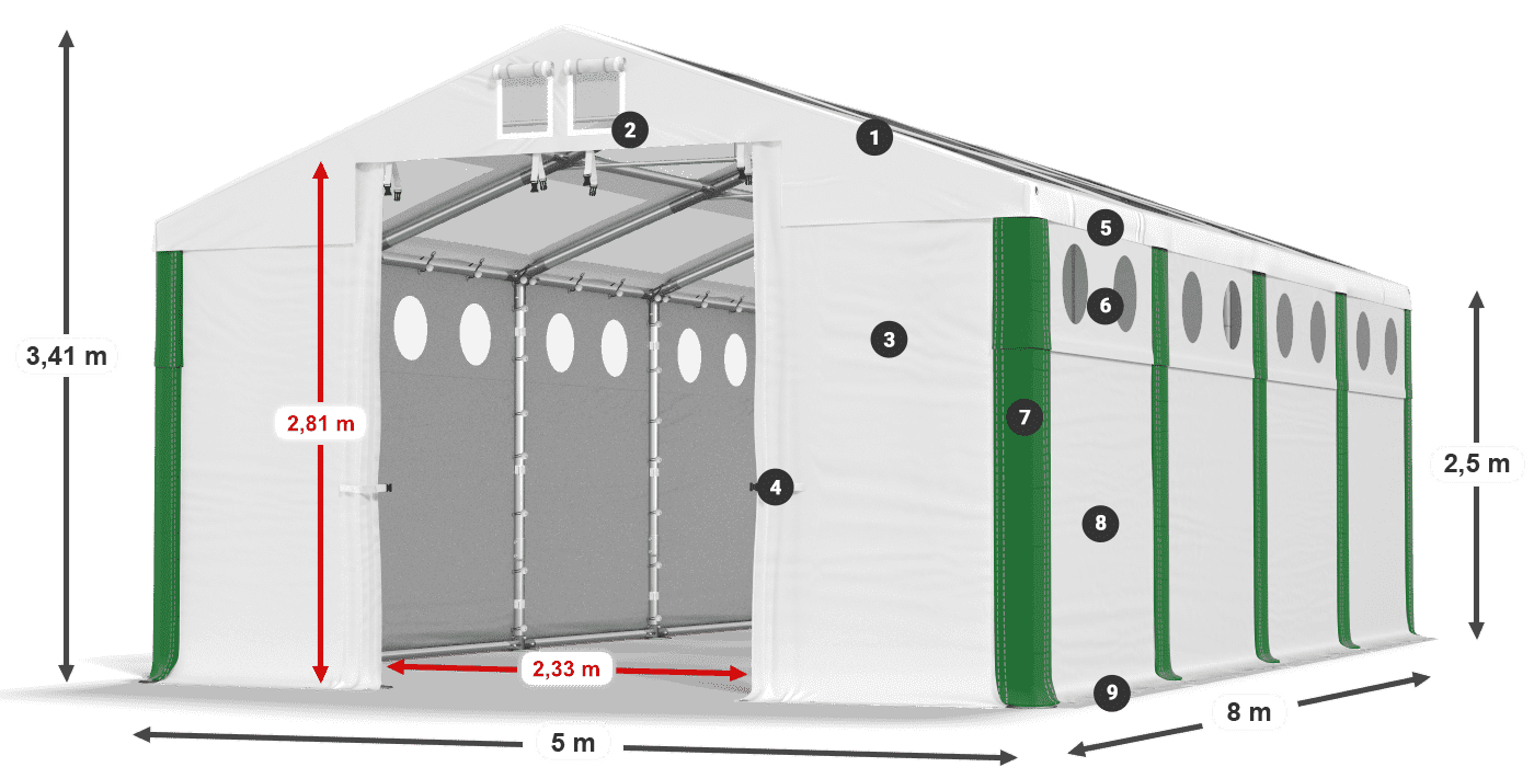 Dach: MS T 580 PVC Wände: FR O 620 PVC 2,5 m Legende