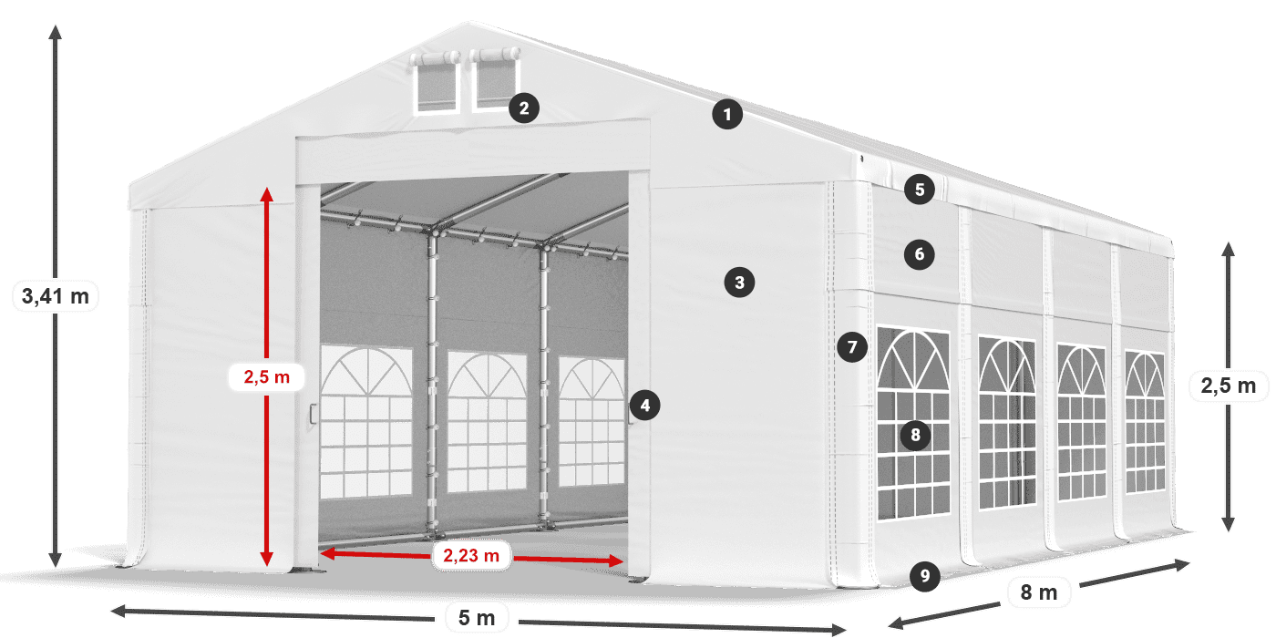 Dach: MS 580 PVC Wände: FR 620 PVC 2,5 m Legende