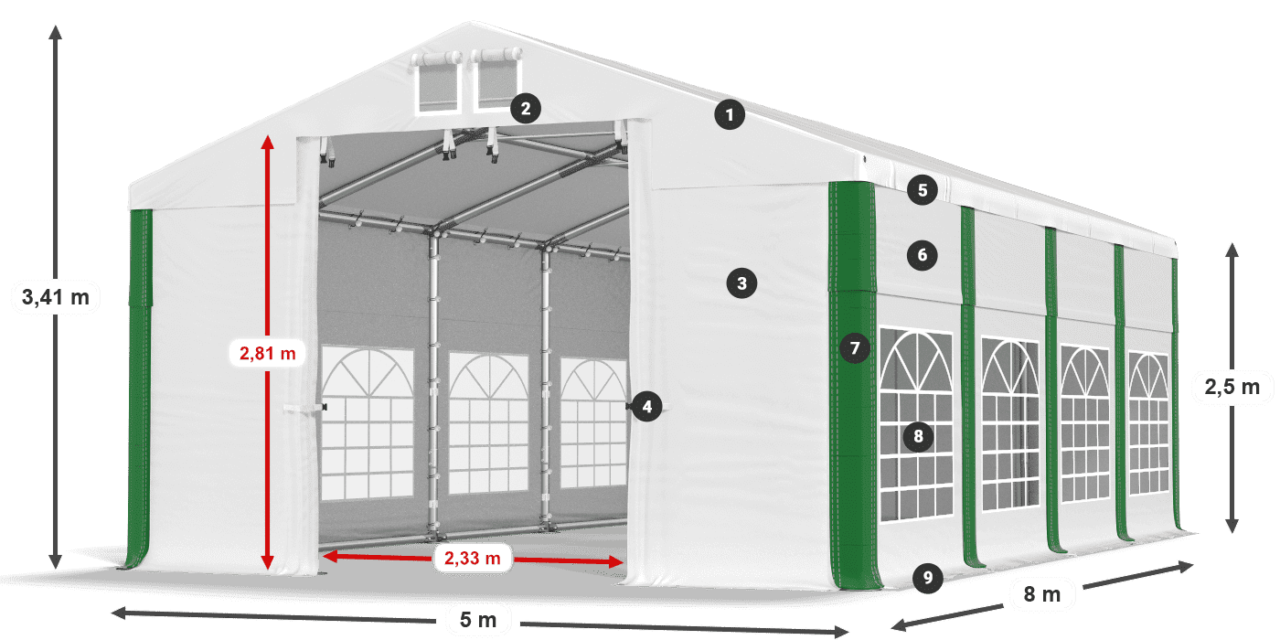 Dach: MS 580 PVC Wände: FR 620 PVC 2,5 m Legende