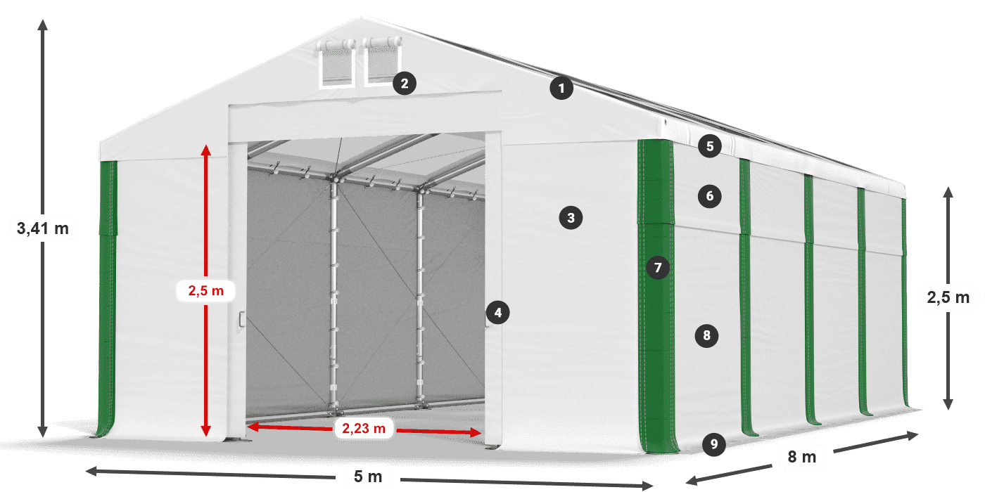Dach: MS T 580 PVC Wände: FR 620 PVC 2,5 m Legende