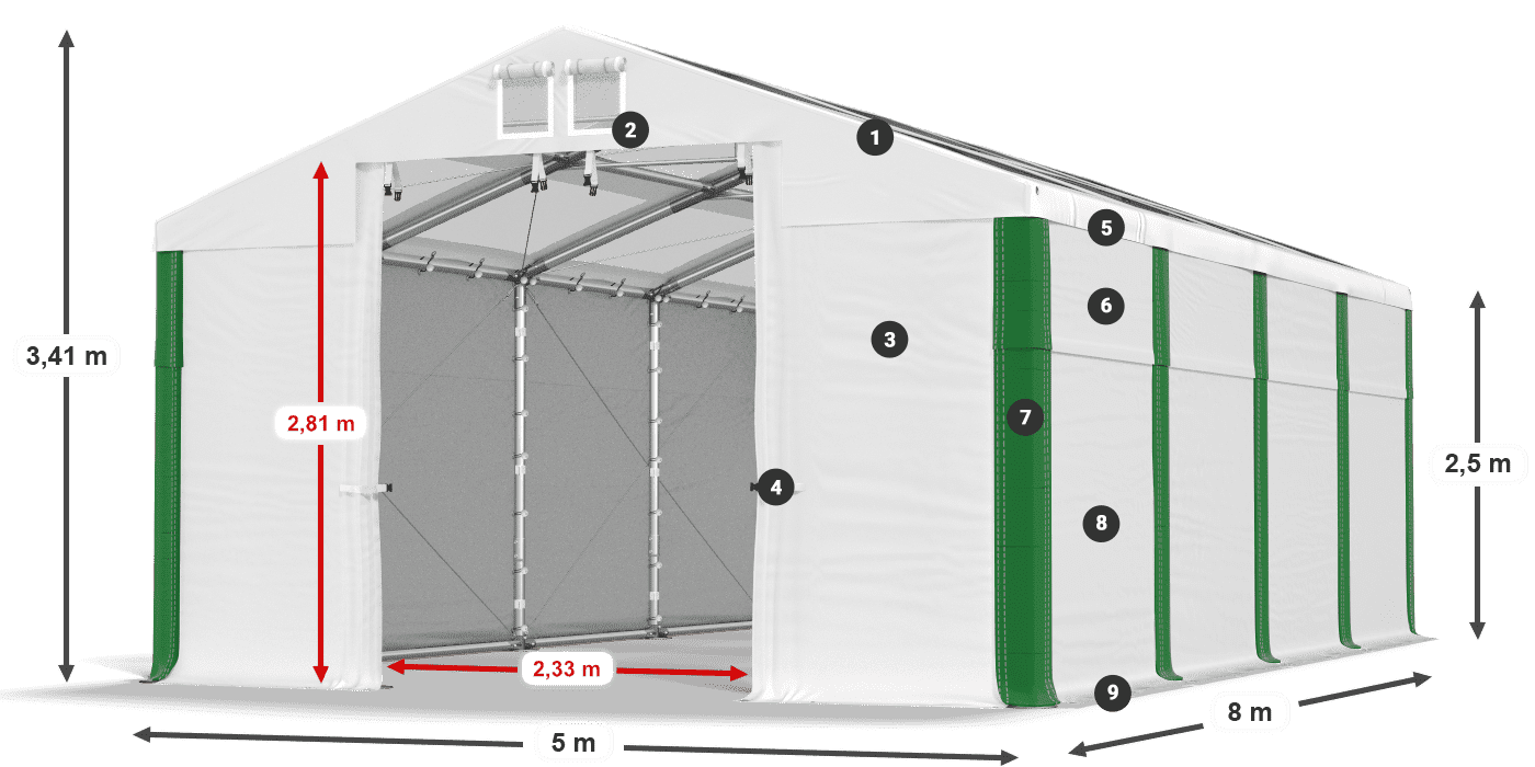 Dach: MS T 580 PVC Wände: FR 620 PVC 2,5 m Legende