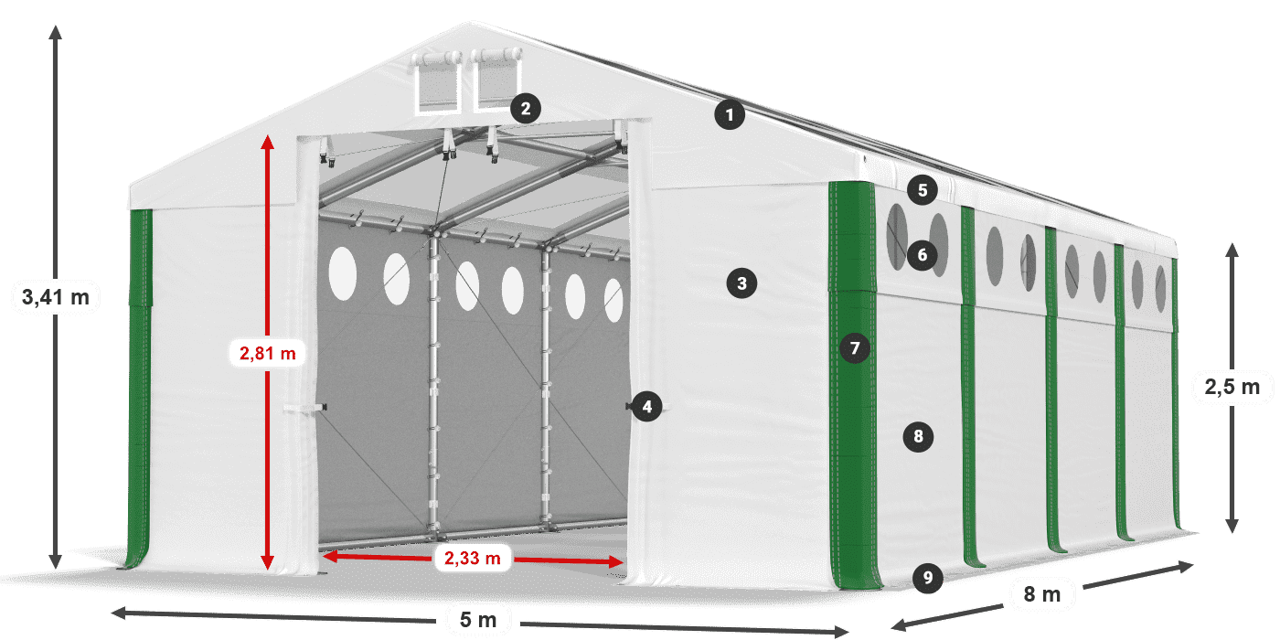 Dach: MS T 580 PVC Wände: FR O 620 PVC 2,5 m Legende
