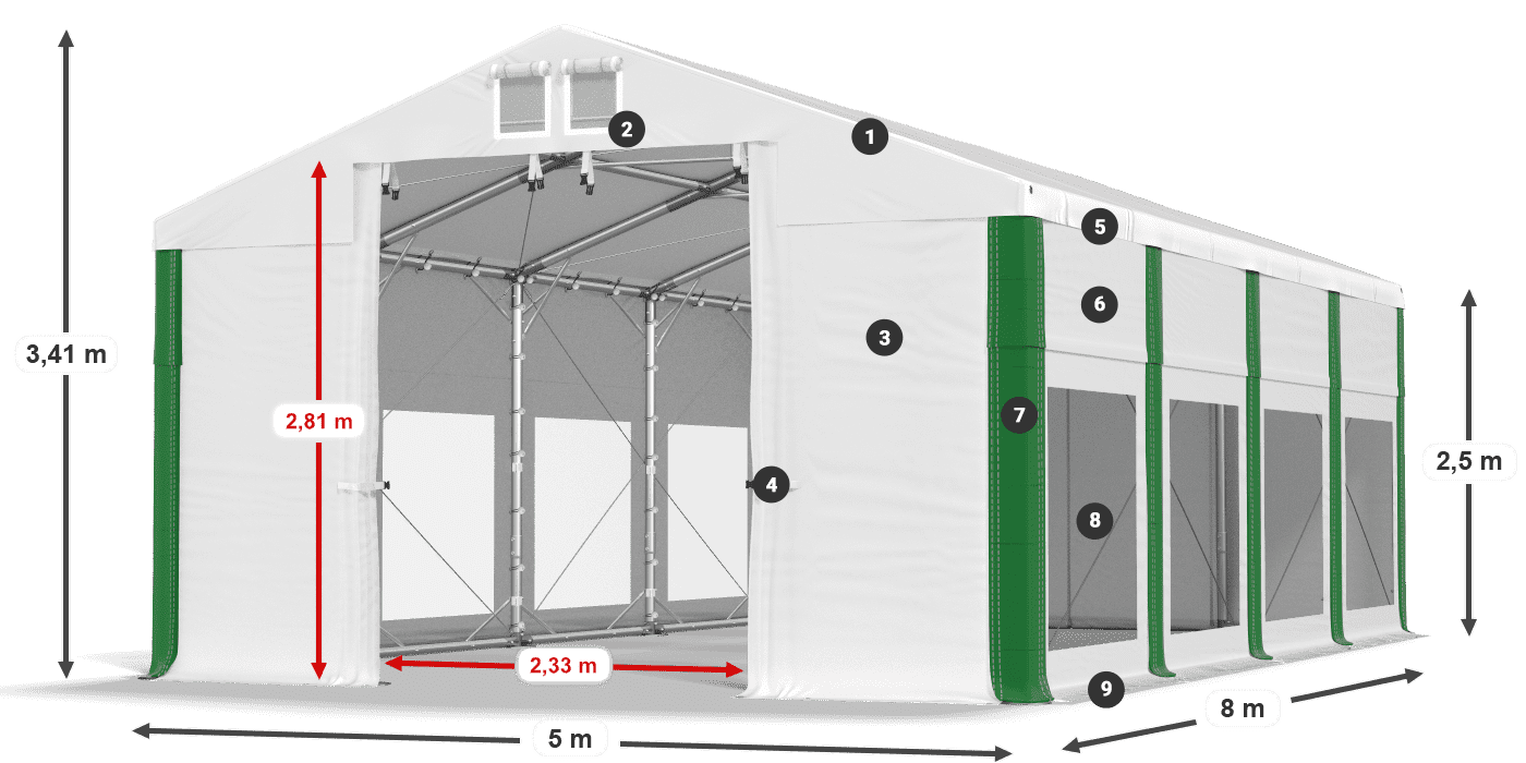 Dach: MS 580 PVC Wände: MS 580 PVC 2,5 m Legende