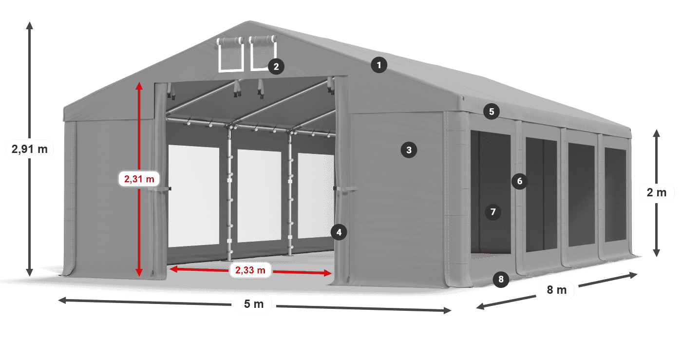 Dach: FR 620 PVC Wände: MS 580 PVC 2m Legende