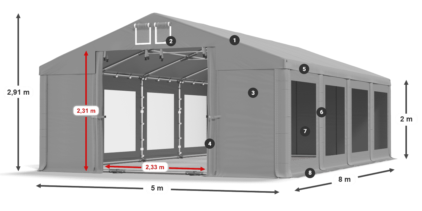 Dach: FR 620 PVC Wände: MS 580 PVC 2m Legende