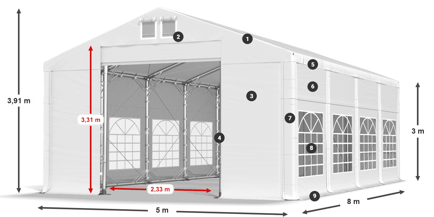 Dach: SD 560 PVC Wände: FR 620 PVC Legende 3m