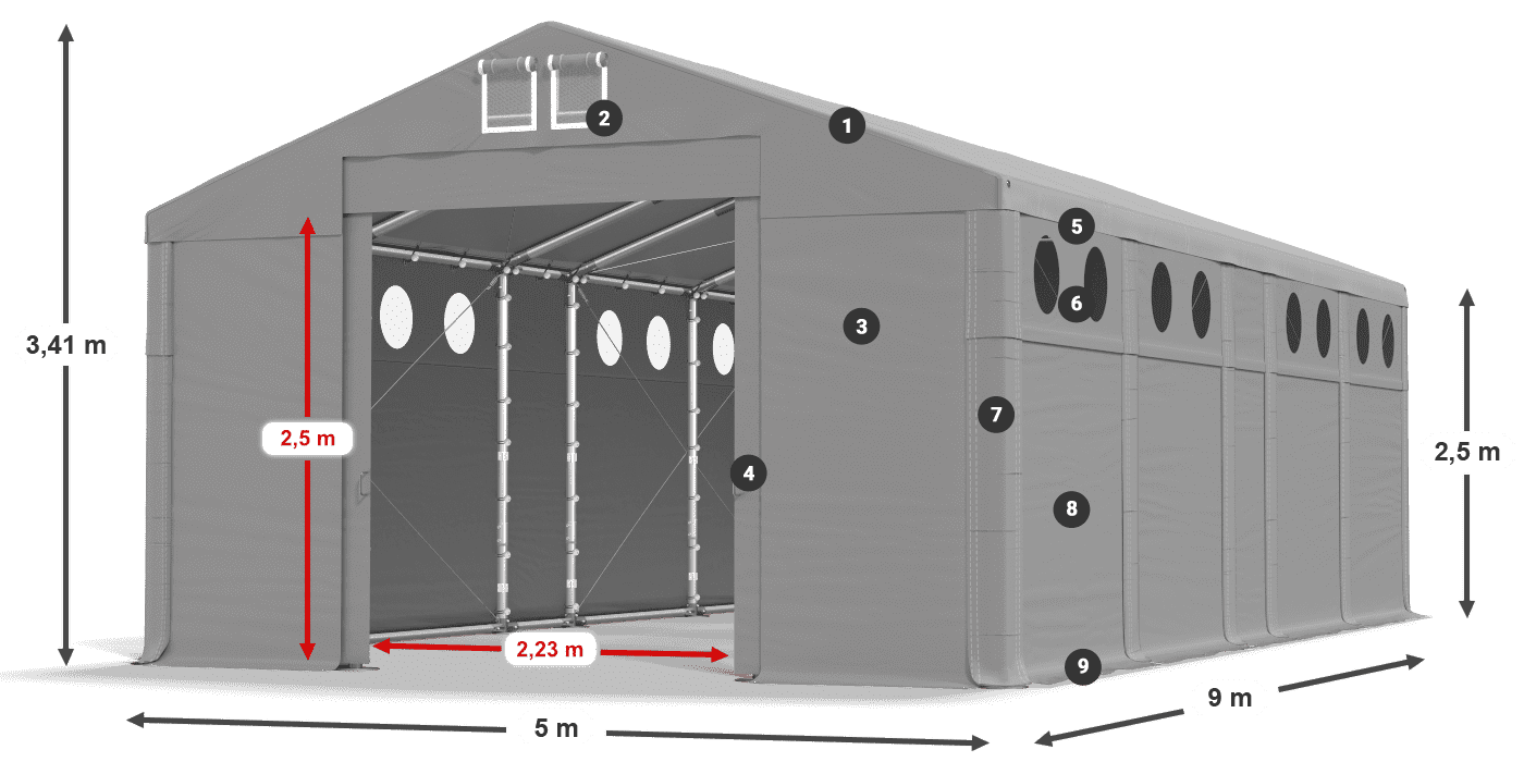 Dach: FR 620 PVC Wände: MS O 580 PVC 2,5 m Legende