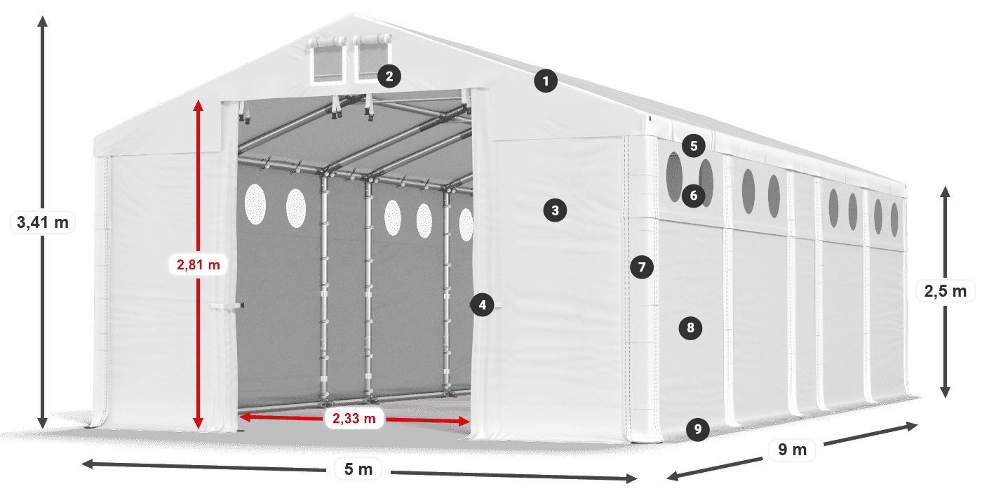 Dach: FR 620 PVC Wände: SD O 500 PVC 2,5 m Legende