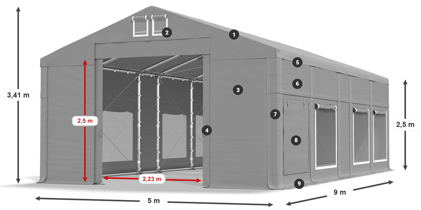 Dach: FR 620 PVC Wände: SD 500 PVC 2,5 m Legende