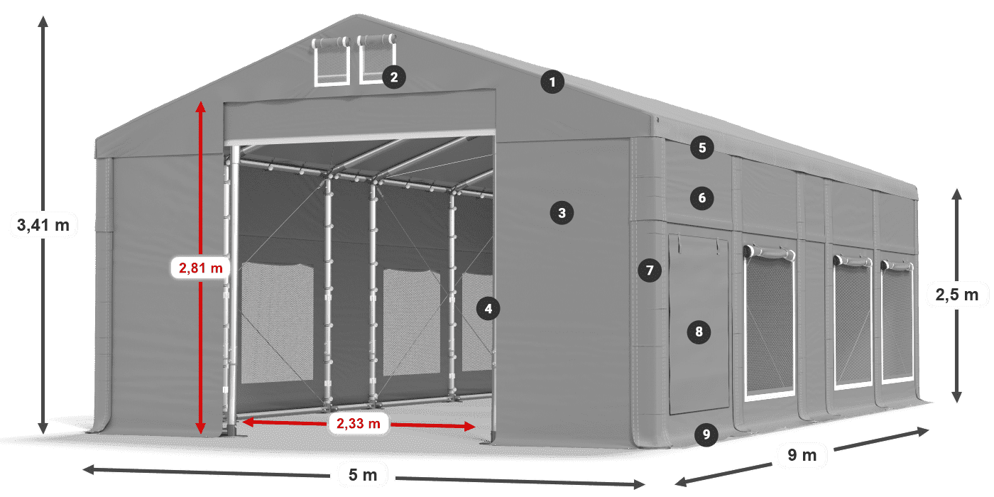 Dach: FR 620 PVC Wände: SD 500 PVC 2,5 m Legende