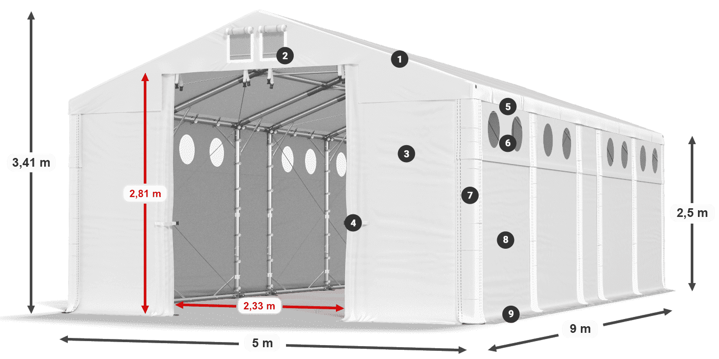 Dach: MS 580 PVC Wände: FR O 620 PVC 2,5 m Legende