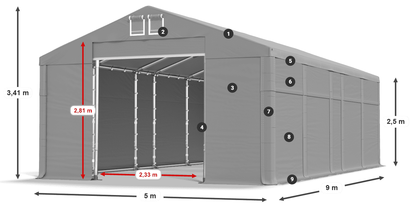 Dach: MS 580 PVC Wände: FR 620 PVC 2,5 m Legende