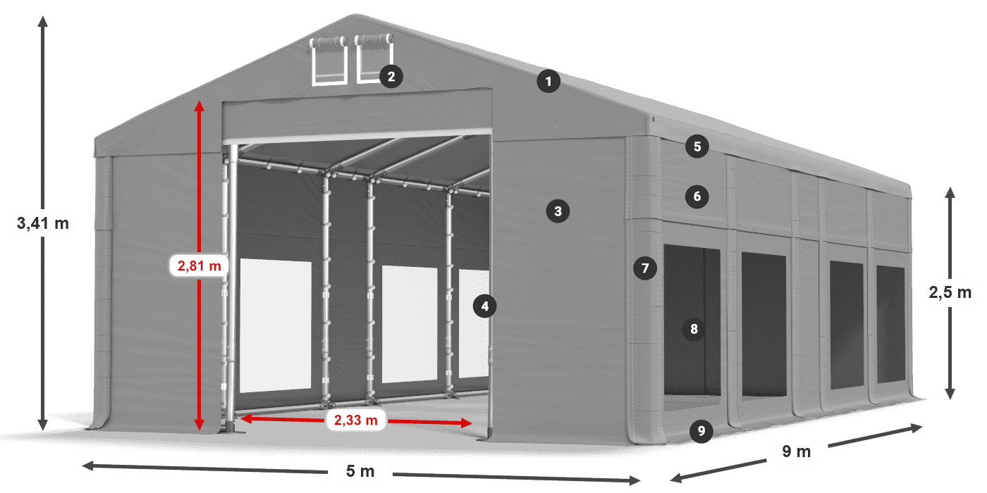 Dach: MS 580 PVC Wände: MS 580 PVC 2,5 m Legende