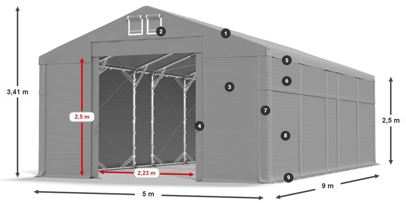 Dach: MS 580 PVC Wände: SD 500 PVC 2,5 m Legende