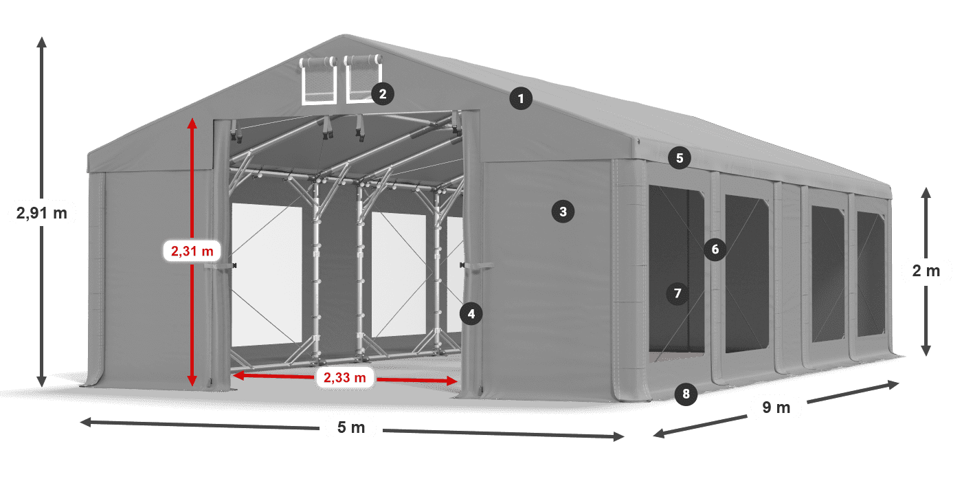 Dach: FR 620 PVC Wände: MS 580 PVC 2m Legende