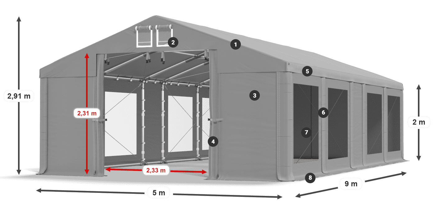 Dach: FR 620 PVC Wände: MS 580 PVC 2m Legende