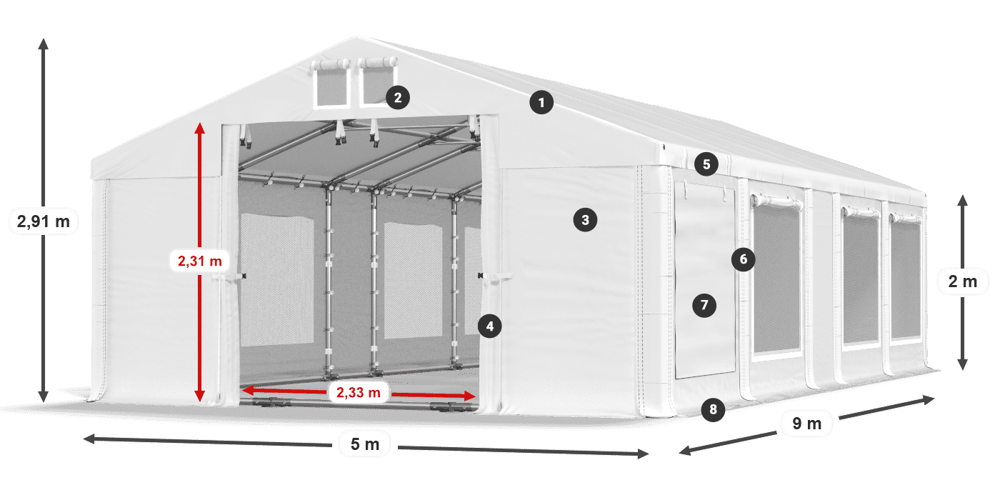 Dach: FR 620 PVC Wände: SD 500 PVC 2m Legende