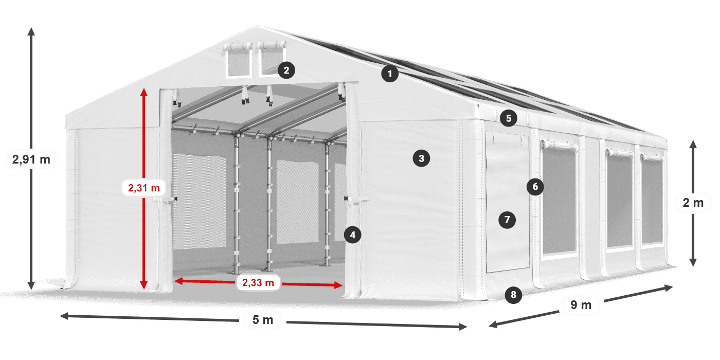 Dach: MS T 580 PVC Wände: SDM 500 PVC 2m Legende