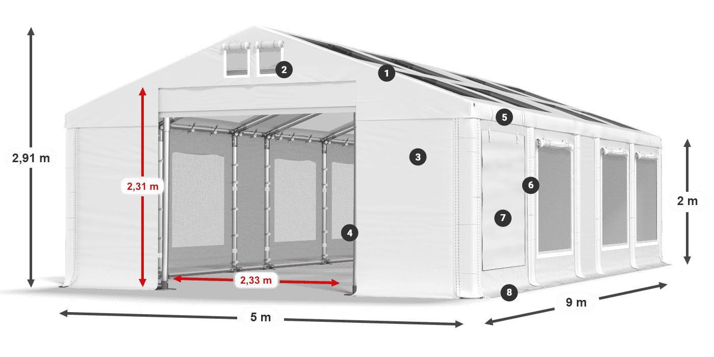 Dach: MS T 580 PVC Wände: SDM 500 PVC 2m Legende
