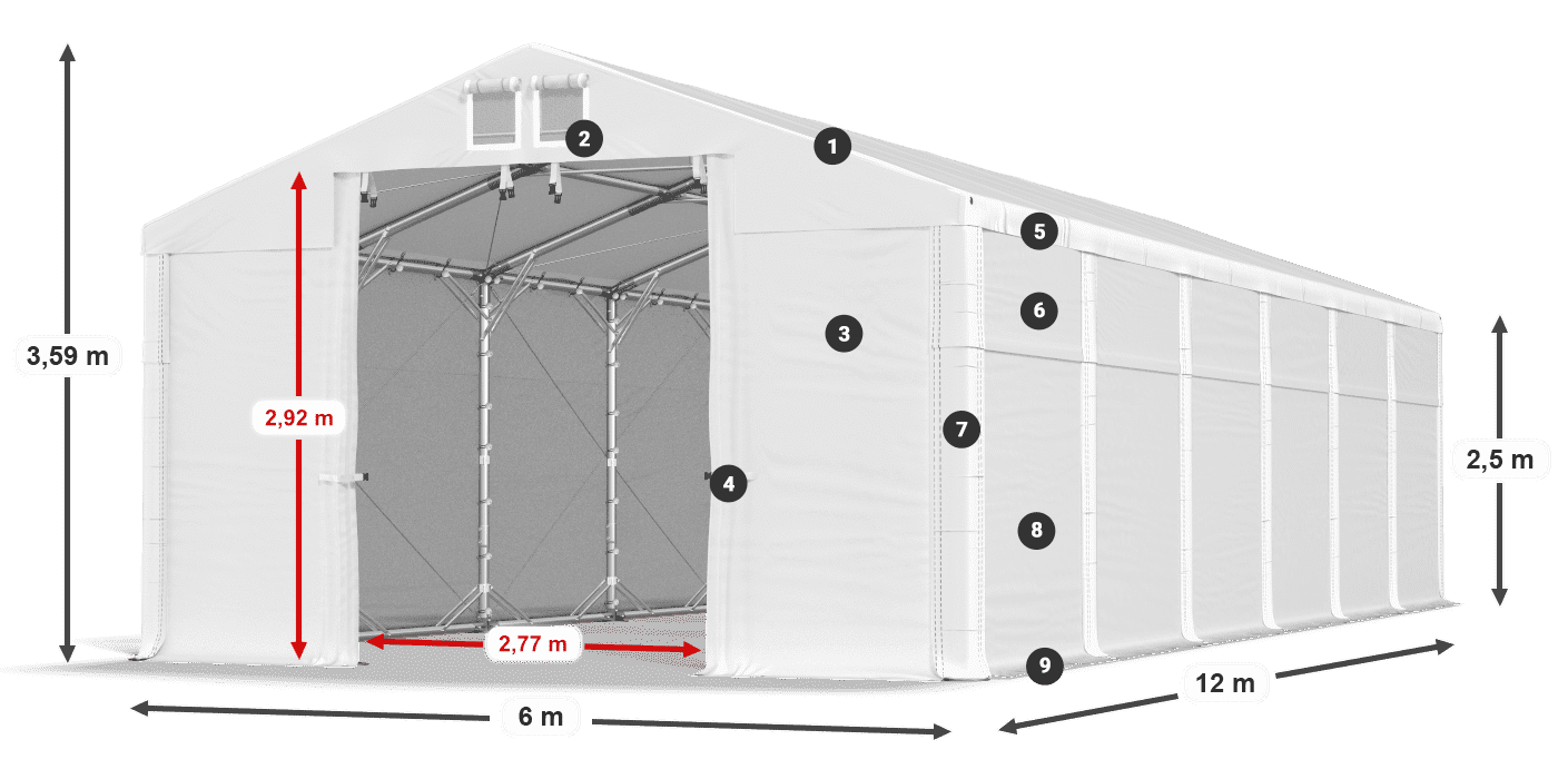 Dach: MS 580 PVC Wände: FR 620 PVC 2,5 m Legende