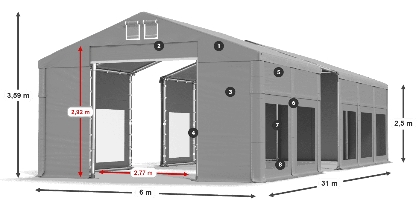Dach: MS 580 PVC Wände: MS 580 PVC 2,5 m Legende