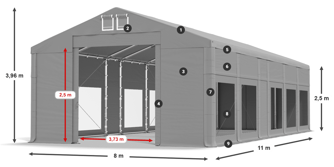 Dach: FR 620 PVC Wände: MS 580 PVC 2,5 m Legende