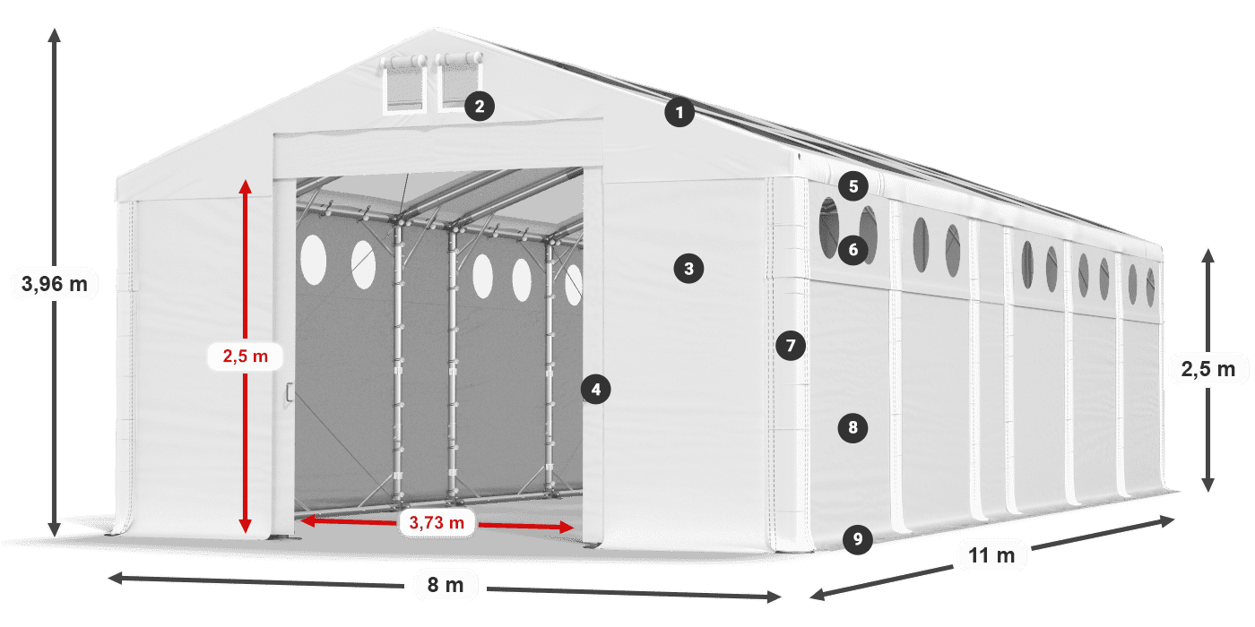 Dach: MS T 580 PVC Wände: FR O 620 PVC 2,5 m Legende