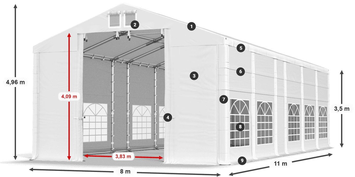 Dach: MS 580 PVC Wände: FR 620 PVC 3,5 m Legende