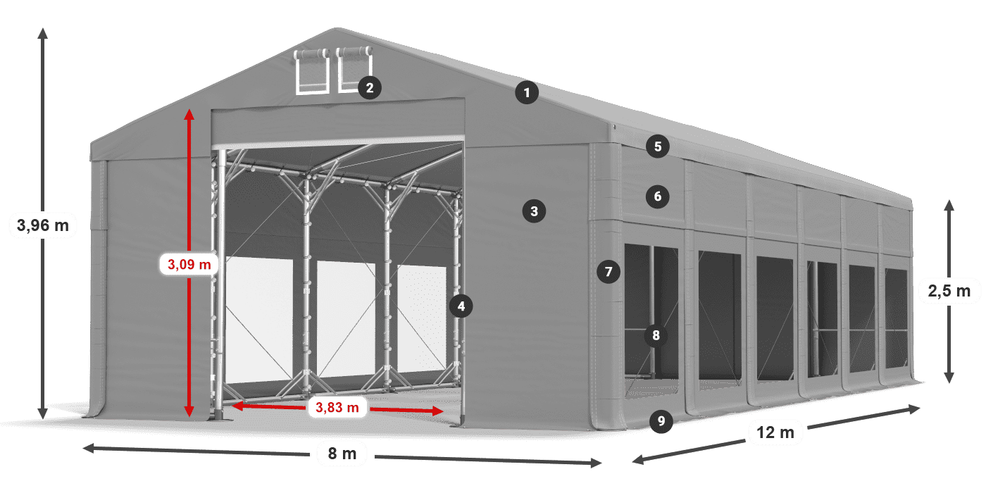 Dach: FR 620 PVC Wände: MS 580 PVC 2,5 m Legende