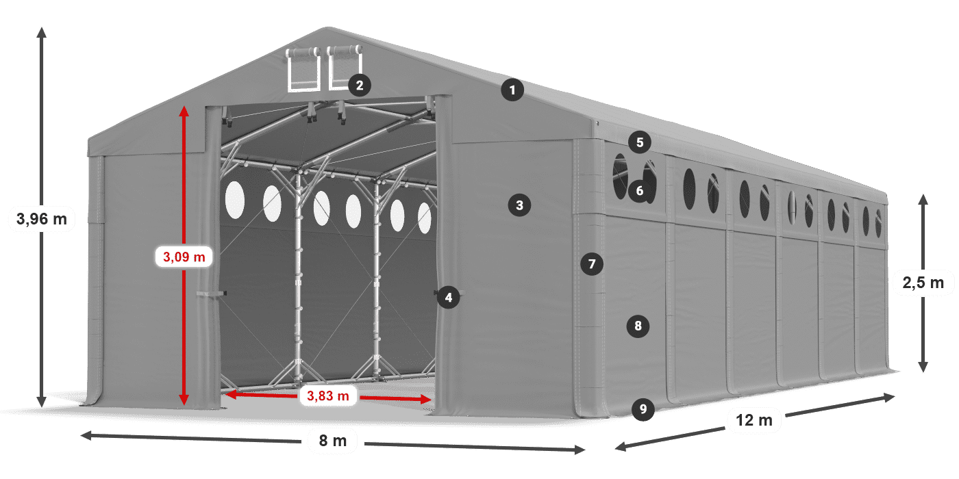 Dach: FR 620 PVC Wände: SD O 500 PVC 2,5 m Legende